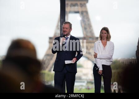 Paris, France. 28th Aug, 2023. Andrew Parsons, President of the International Paralympic Committee and Marie Amélie Le Fur attending the press conference one year before the Paralympic Games, in Paris on August 28, 2023, Photo by Florian Poitout/ABACAPRESS.COM Credit: Abaca Press/Alamy Live News Stock Photo