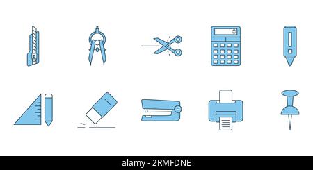 Stationery set icon. Contains icons cutter knife, cutter, divider, scissors, etc. Flat line icon style. Simple vector design editable Stock Vector