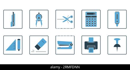 Stationery set icon. Contains icons cutter knife, cutter, divider, scissors, etc. Solid icon style. Simple vector design editable Stock Vector