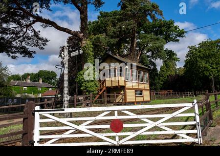 Bressingham, Norfolk, UK – August 21 2023. Traditional wooden signal house on a rural railway line Stock Photo