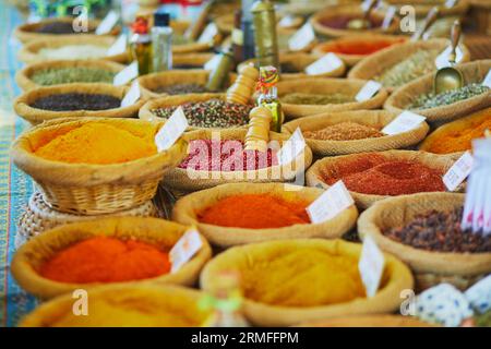 Different kinds of spices and dry herbs on a farmer market in Cucuron, Provence, France Stock Photo