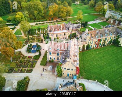 Scenic aerial view of Abbaye des Vaux-de-Cernay, a Cistercian monastery in northern France, situated in Cernay-la-Ville, Yvelines, France Stock Photo