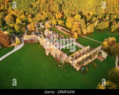 Scenic aerial view of Abbaye des Vaux-de-Cernay, a Cistercian monastery in northern France, situated in Cernay-la-Ville, Yvelines, France Stock Photo