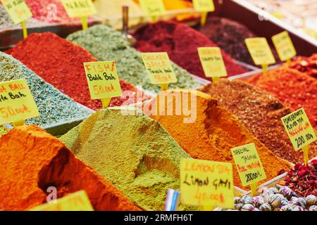 Heaps of various spices on a traditional farmer market in Istanbul, Turkey Stock Photo