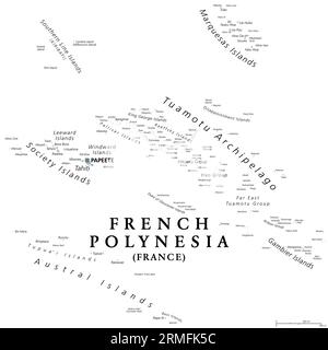 French Polynesia, gray political map with capital Papeete, on the island of Tahiti. Overseas collectivity of France, and sole overseas country. Stock Photo