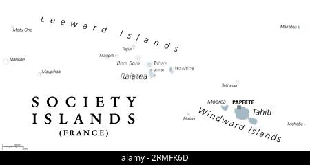 Society Islands, gray political map. Group of volcanic islands, in French Polynesia. Overseas collectivity of France in the South Pacific Ocean. Stock Photo