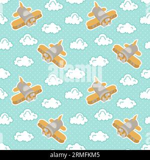 Toy airplanes among fluffy clouds on a blue background with white polka dots Stock Vector