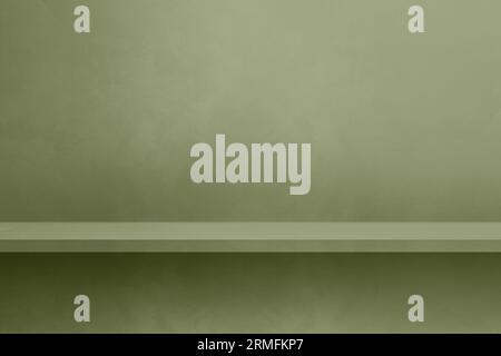 Empty shelf on a khaki green concrete wall. Background template scene. Horizontal mockup Stock Photo