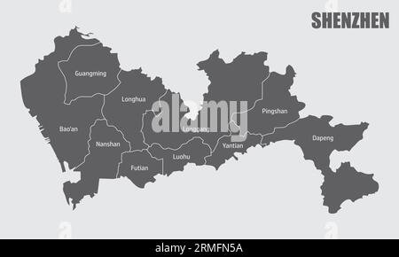 Shenzhen city administrative map isolated on gray background, China Stock Vector