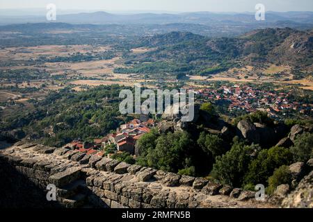 View from the top of the castle wall on the houses in the medieval village of Monsanto, Portugal. Stock Photo