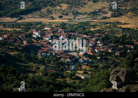 The view from the top of the castle on the houses in the medieval village of Monsanto, Portugal. Stock Photo