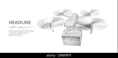 Drone for air delivery. Polygonal 3d drone with box. Innovate deliver technology, aerial transport Stock Vector