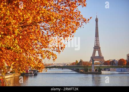 Scenic view of the Eiffel tower over the river Seine from Mirabeau bridge on a bright fall day in Paris, France Stock Photo