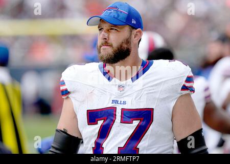 Buffalo Bills offensive tackle David Quessenberry (77) guards Chicago Bears  defensive end Terrell Lewis (52) during