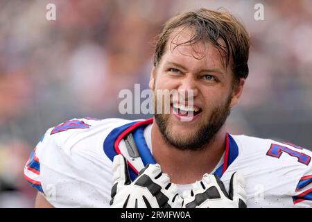 Buffalo Bills offensive tackle Ryan Van Demark (74) guards Chicago Bears  offensive tackle Josh Lugg (63) during an NFL football preseason game  against the Buffalo Bills, Saturday, Aug. 26, 2023, in Chicago. (