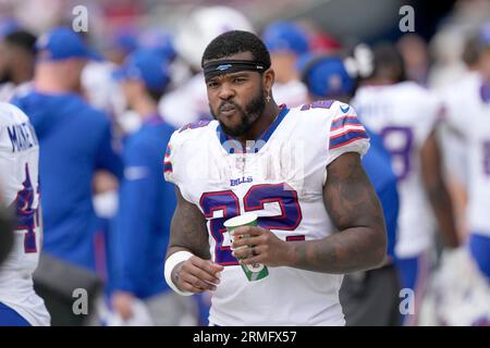 Buffalo Bills running back Damien Harris (22) walks off the field following  an NFL preseason football game against the Chicago Bears, Saturday,  Saturday, Aug. 26, 2023, in Chicago. (AP Photo/Kamil Krzaczynski Stock