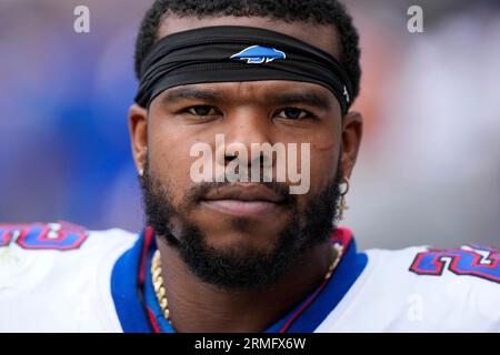 Buffalo Bills running back Damien Harris (22) walks off the field following  an NFL preseason football game against the Chicago Bears, Saturday,  Saturday, Aug. 26, 2023, in Chicago. (AP Photo/Kamil Krzaczynski Stock