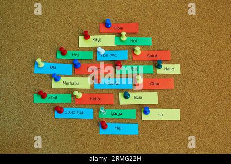 Word Hello written in different languages on colorful paper notes pinned to cork board Stock Photo
