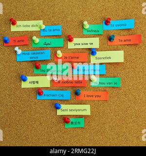 Word Love written in different languages on colorful paper notes pinned to cork board Stock Photo