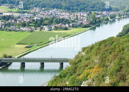 View from the Poilvache castle, overlooking the village of Houx and river Meuse Stock Photo