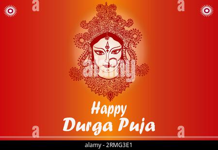 Happy Durga Puja Greeting including graphic image of hand made painting of Goddess Durga with copy space. Stock Photo