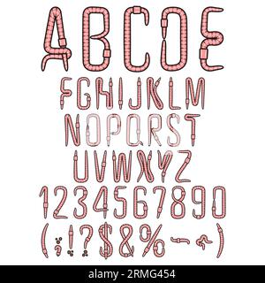 Alphabet, letters, numbers and signs from earthworms, worm. Isolated vector objects on white background. Stock Vector