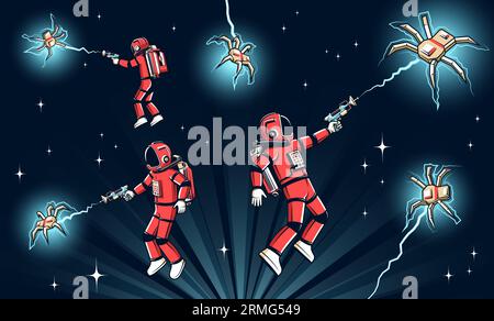 Astronauts in red spacesuits with blasters fight alien Stock Vector