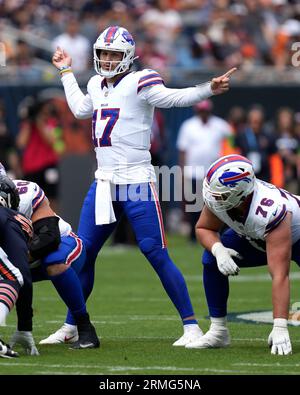 Buffalo Bills quarterback Josh Allen (17) looks to pass the ball against  the Chicago Bears during the first half of an NFL preseason football game,  Saturday, Aug. 26, 2023, in Chicago. (AP