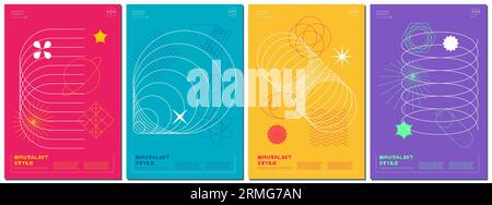 Abstract brutalism poster set with memphis geometric shapes on colorful background. Modern brutalist style minimal simple graphic prints. Brutal trendy y2k placard design template. Vector eps template Stock Vector