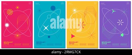 Abstract brutalism poster set with geometric linear planets and memphis shapes on colorful space background. Modern brutalist style minimal simple graphic print. Brutal trendy y2k design vector design Stock Vector