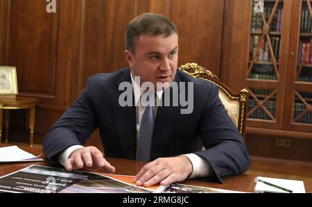 Moscow, Russia. 28th Aug, 2023. Omsk Region Acting Governor Vitaly Khotsenko remarks during a face-to-face meeting hosted by Russian President Vladimir Putin at the Kremlin, August 28, 2023 in Moscow, Russia. Credit: Mikhail Klimentyev/Kremlin Pool/Alamy Live News Stock Photo