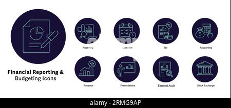 Financial Reporting and Budgeting Icons Set. financial communication, financial disclosure, financial statements. Pixel perfect Vector Line icons with Stock Vector