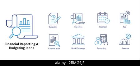 Financial Reporting and Budgeting Icons Set. financial communication, financial disclosure, financial statements. Pixel perfect Vector Line icons with Stock Vector