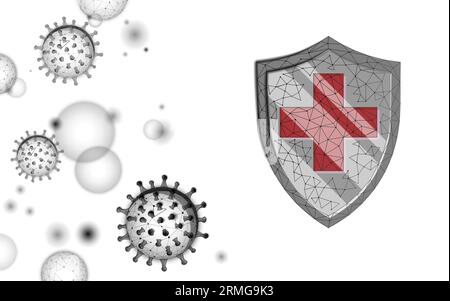 Virus cell low poly structure and safety shield. Disease infection medicine healthcare concept. Stock Vector