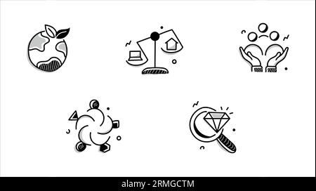 Modern Company Values. Business Ethics Icon Set with social responsibility, corporate core values, reliability, and transparency. Vector Icons. Stock Vector