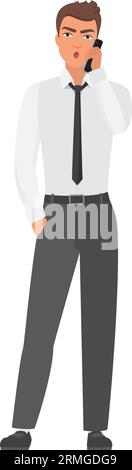 Office man employee in standing pose. Office worker talking on phone vector illustration Stock Vector