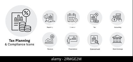 Tax Planning and Compliance Icons. Tax management icons, Tax strategy icons, Tax optimization icons, Tax compliance symbols, Tax planning vector icons Stock Vector