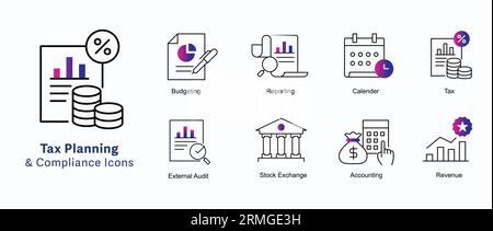 Tax Planning and Compliance Icons. Tax management icons, Tax strategy icons, Tax optimization icons, Tax compliance symbols, Tax planning vector icons Stock Vector