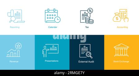 Tax Planning and Compliance Icons. Tax management icons, Tax strategy icons, Tax optimization icons, Tax compliance symbols, Tax planning vector icons Stock Vector