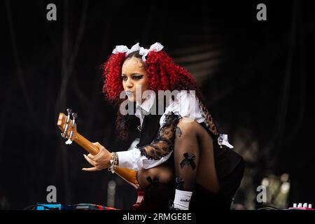 Paris, France. 27th Aug, 2023. Georgia South from Nova Twins band performs on stage during the live concert. The last day of the 20th edition of the French music festival Rock en Seine has been headlined by the new yorkers The Strokes, at Domaine National de Saint-Cloud. Credit: SOPA Images Limited/Alamy Live News Stock Photo