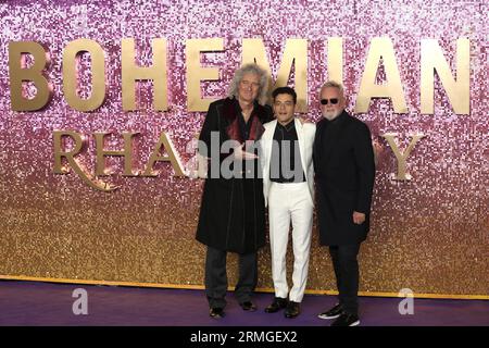 London, UK. 23rd Oct, 2018. Brian May, Rami Malek and Roger Taylor attend the World Premiere of 'Bohemian Rhapsody' at SSE Arena Wembley in London. (Photo by Fred Duval/SOPA Images/Sipa USA) Credit: Sipa USA/Alamy Live News Stock Photo