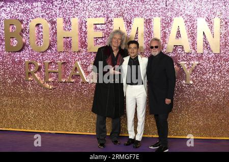 Brian May, Rami Malek and Roger Taylor attend the World Premiere of 'Bohemian Rhapsody' at SSE Arena Wembley in London. Stock Photo