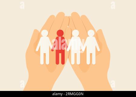 paper cut people on open hands, one that stands out- vector illustration Stock Vector