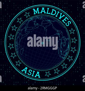 MALDIVES round sign. Futuristic satellite view of the world centered on MALDIVES. Geographical badge with map, round text, and binary background. Stock Vector
