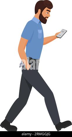 Walking policeman with mobile phone. Police officer using smartphone cartoon vector illustration Stock Vector