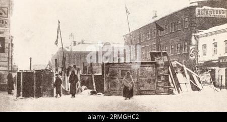 Barricade in Moscow on Malaya Bronnaya in December 1905. Photo from 1905. Stock Photo