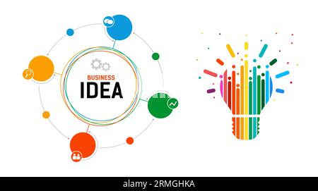 Circle Infographic Business idea. 4 step chart info graphic. Glowing light bulb on a white background. Abstract rainbow striped lamp. Vector illustrat Stock Vector