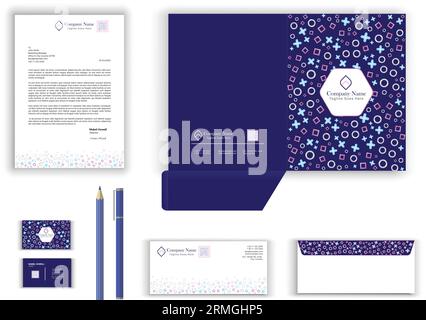 stationery set for business office vector design with letterhead, envelope, presentation folder, business card with qr code, blue stationary set Stock Vector