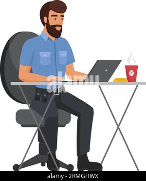 Policeman working at office table. Police officer working at computer ...