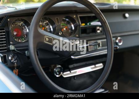 Langeac, France - May 27, 2023: View of the steering wheel with the Citroen ds 21 Stock Photo